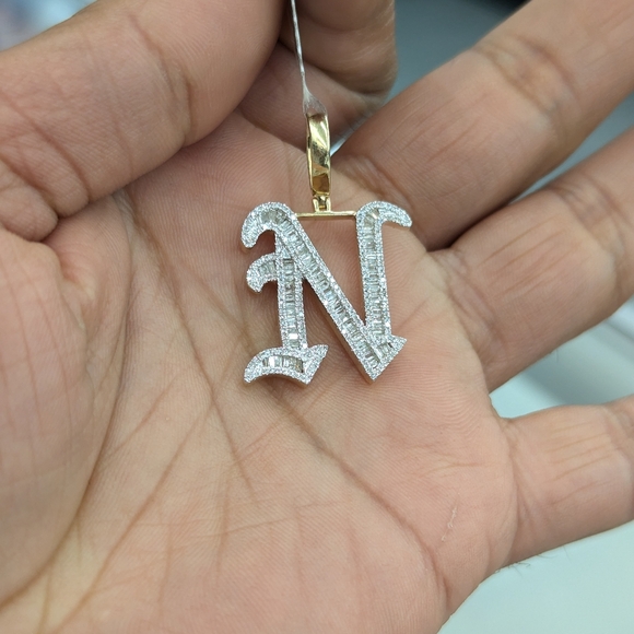 Real Natural Diamond 10kt Gold Baguette Style Initial N Pendant